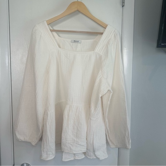 Madewell Plus Lightspun Millbrook Puff-Sleeve Peplum Top. Lighthouse. 2X. - Picture 3 of 8